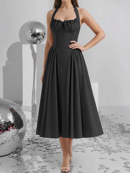 Halter Lace-Up Ruched Sleeveless Midi A-Line Dress