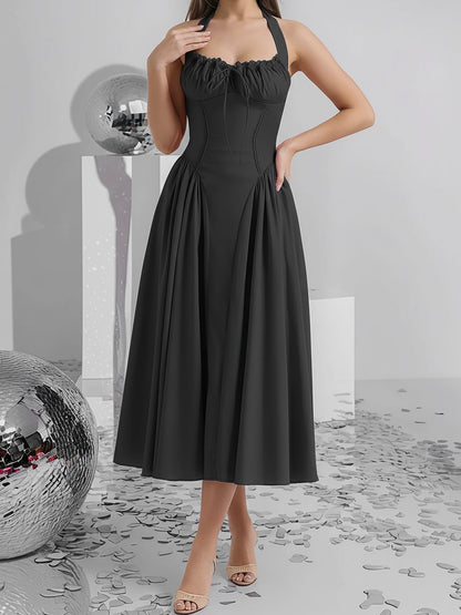 Halter Lace-Up Ruched Sleeveless Midi A-Line Dress