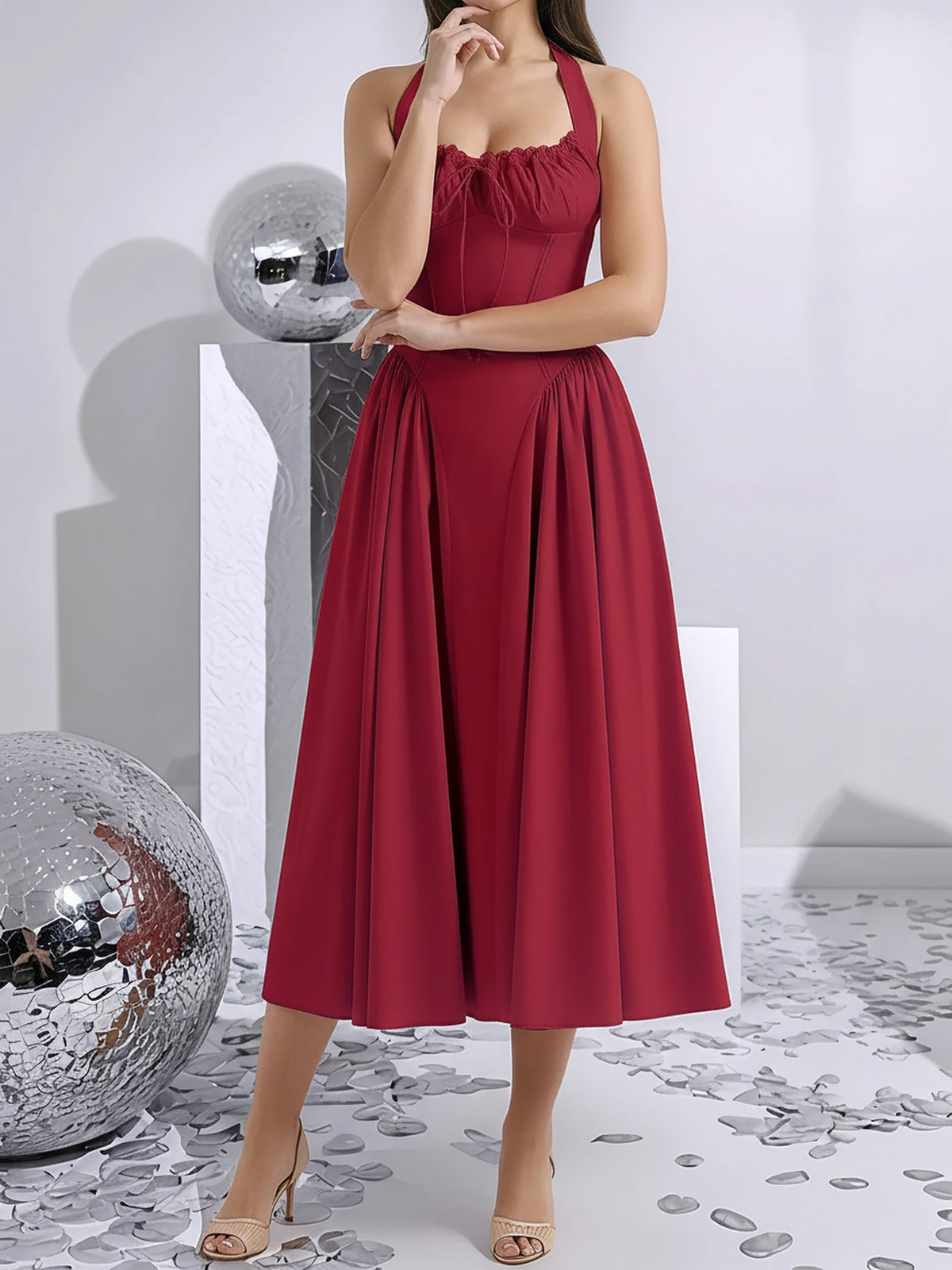 Halter Lace-Up Ruched Sleeveless Midi A-Line Dress