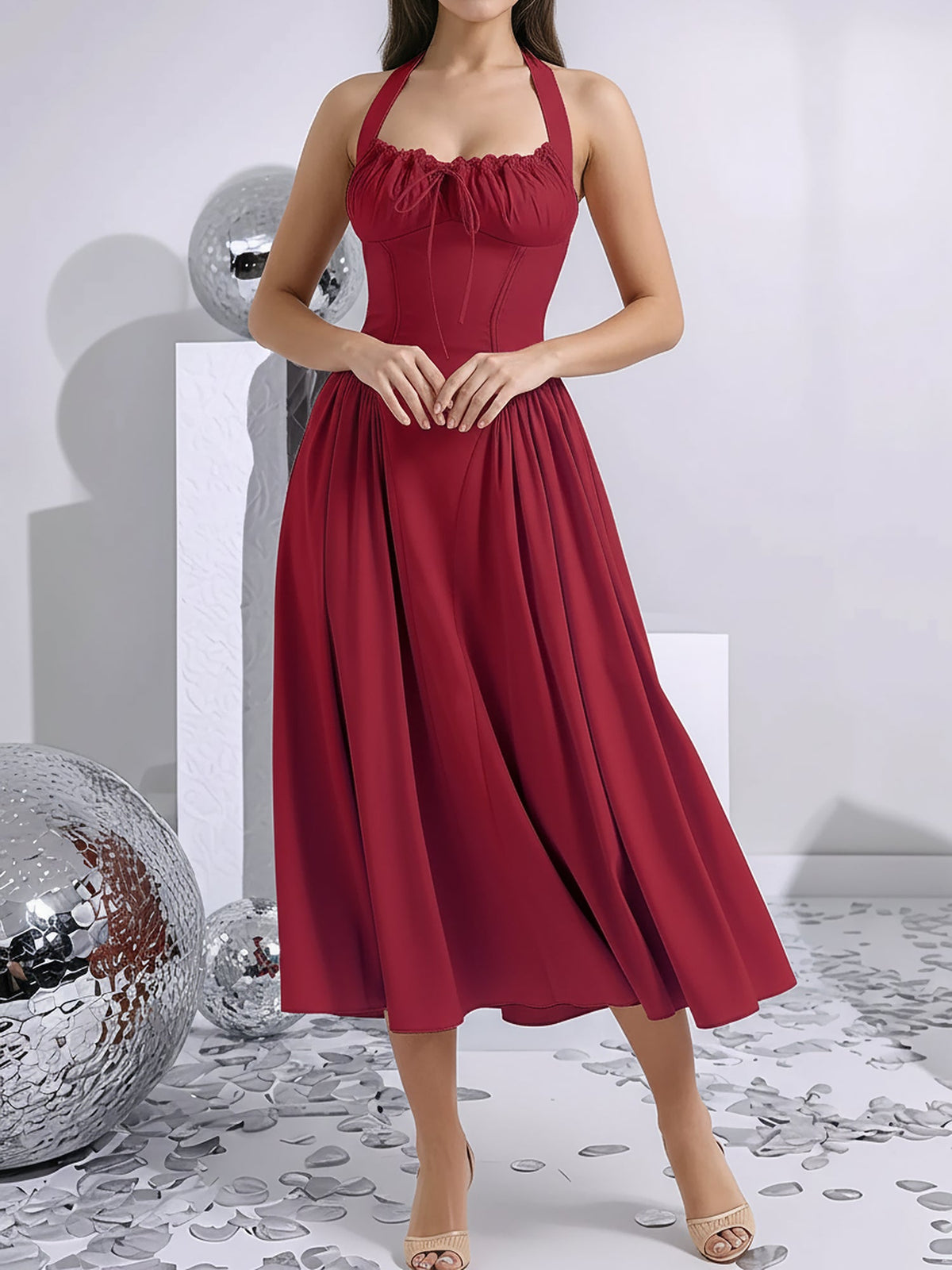 Halter Lace-Up Ruched Sleeveless Midi A-Line Dress