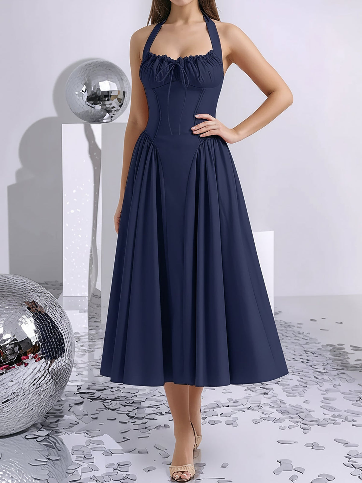 Halter Lace-Up Ruched Sleeveless Midi A-Line Dress