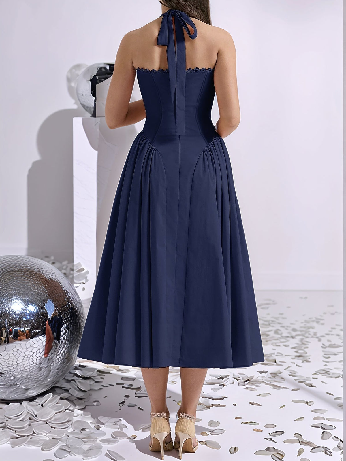 Halter Lace-Up Ruched Sleeveless Midi A-Line Dress