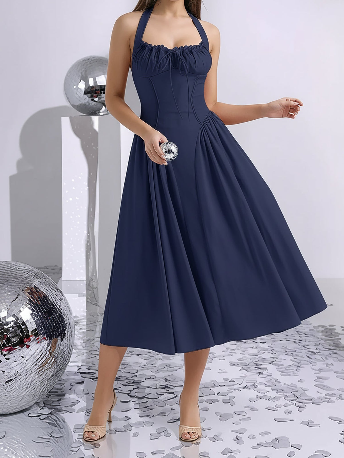 Halter Lace-Up Ruched Sleeveless Midi A-Line Dress