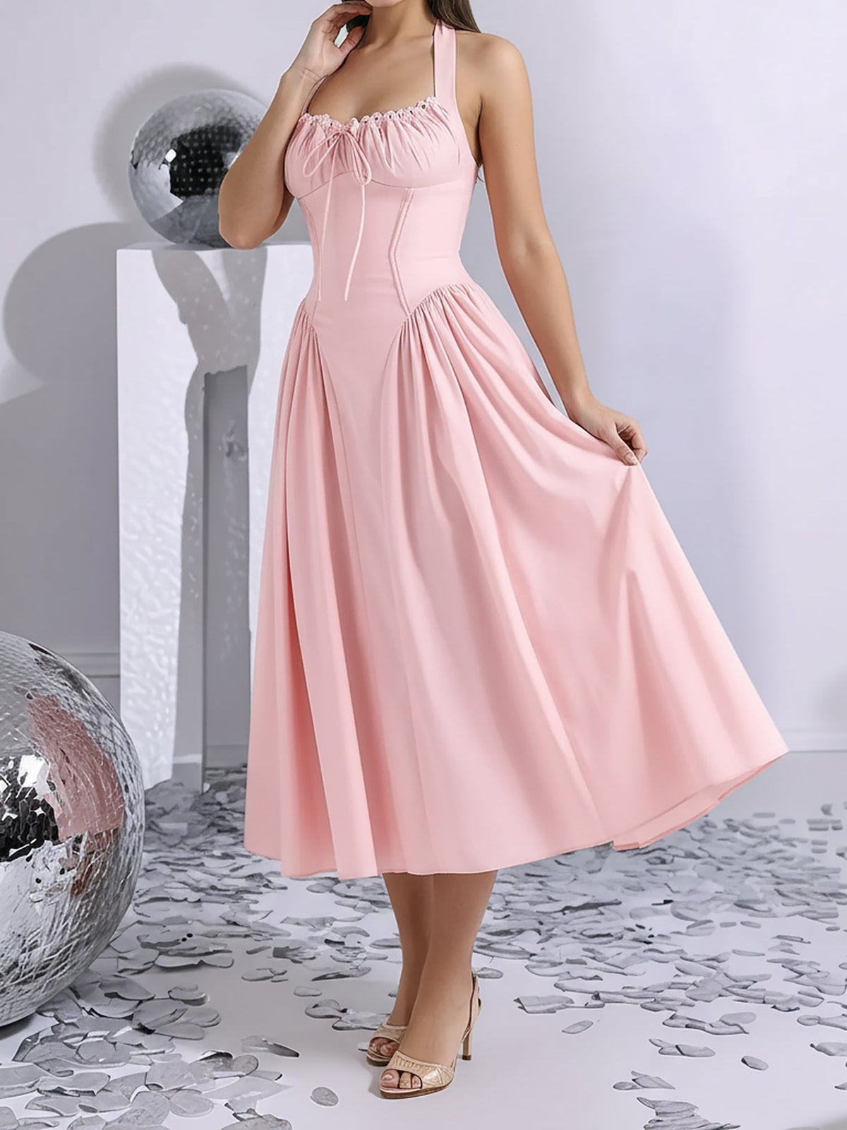 Halter Lace-Up Ruched Sleeveless Midi A-Line Dress