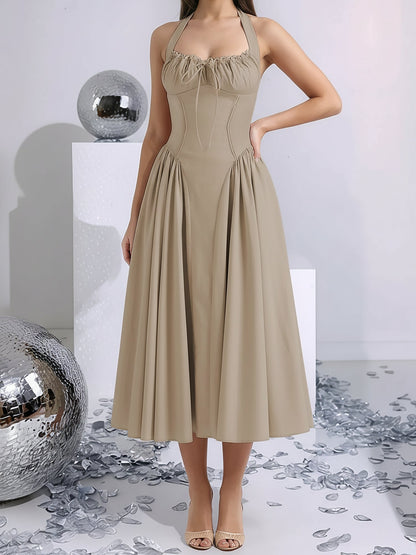 Halter Lace-Up Ruched Sleeveless Midi A-Line Dress