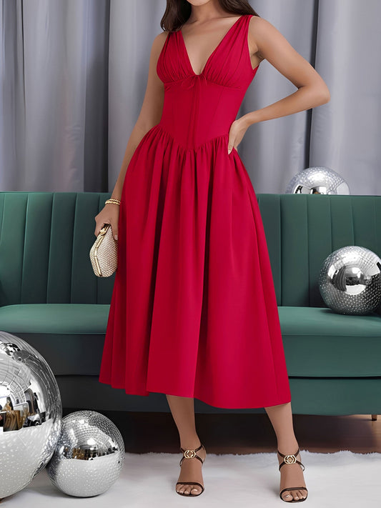 V Neck Ruched Sleeveless A-Line Midi Dress