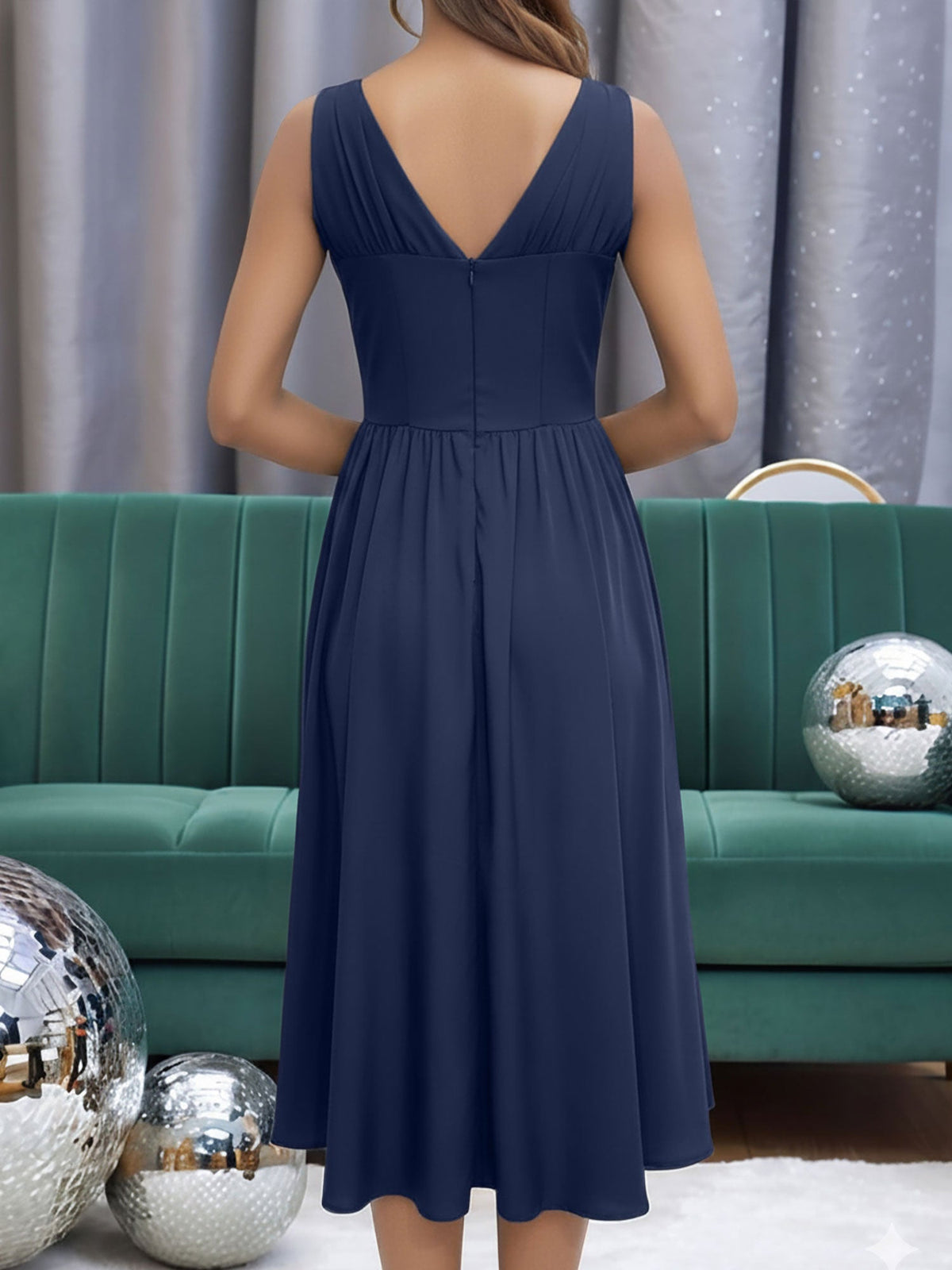 V Neck Ruched Sleeveless A-Line Midi Dress