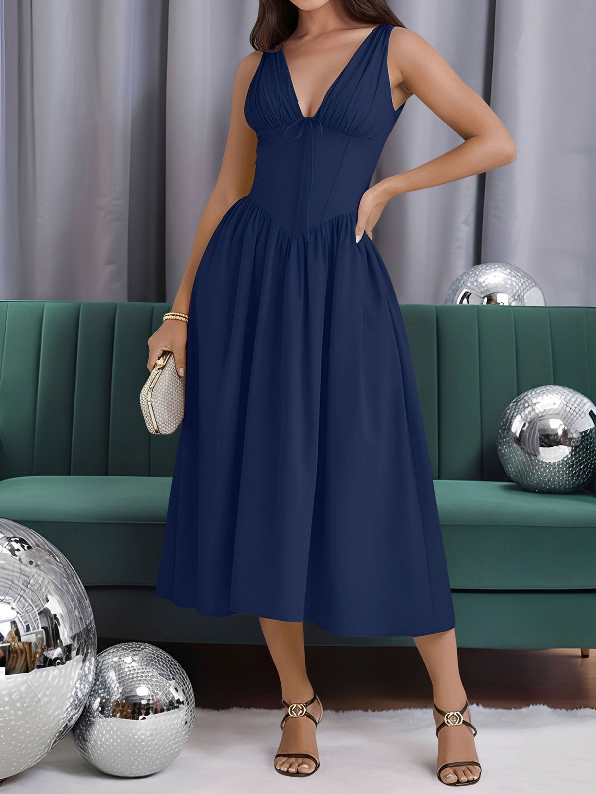 V Neck Ruched Sleeveless A-Line Midi Dress