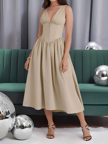 V Neck Ruched Sleeveless A-Line Midi Dress