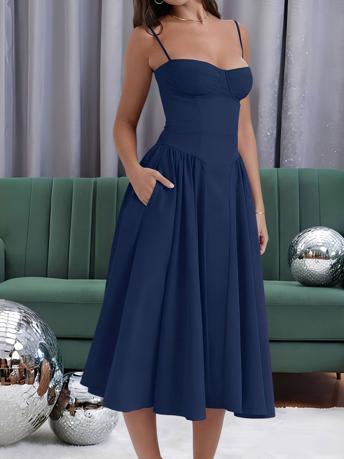 Spaghetti Strap Backless Pockets A-Line Midi Dress