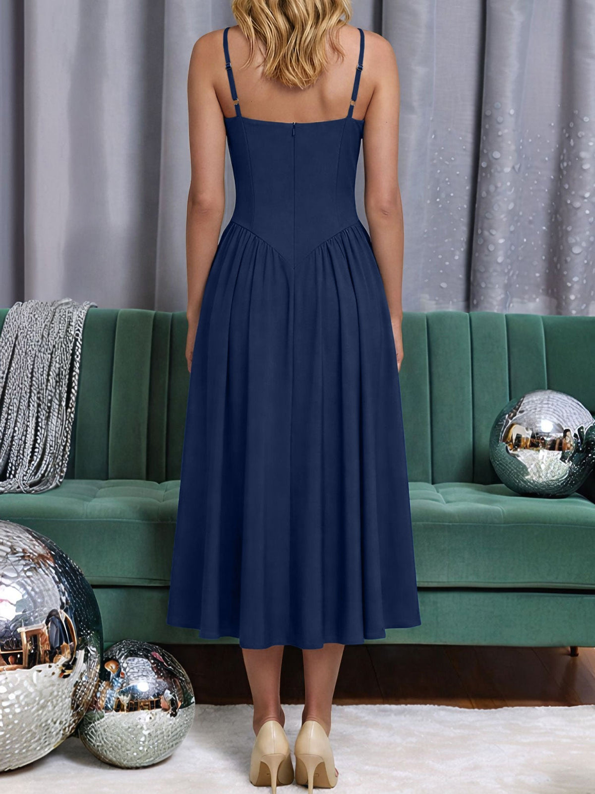 Spaghetti Strap Backless Pockets A-Line Midi Dress