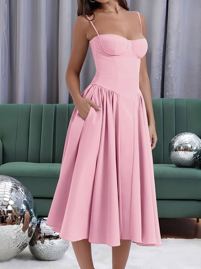 Spaghetti Strap Backless Pockets A-Line Midi Dress