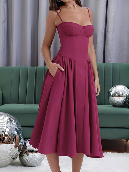 Spaghetti Strap Backless Pockets A-Line Midi Dress