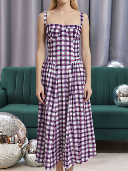 Vintage Spaghetti Strap Floral/Plaid Swing Dress