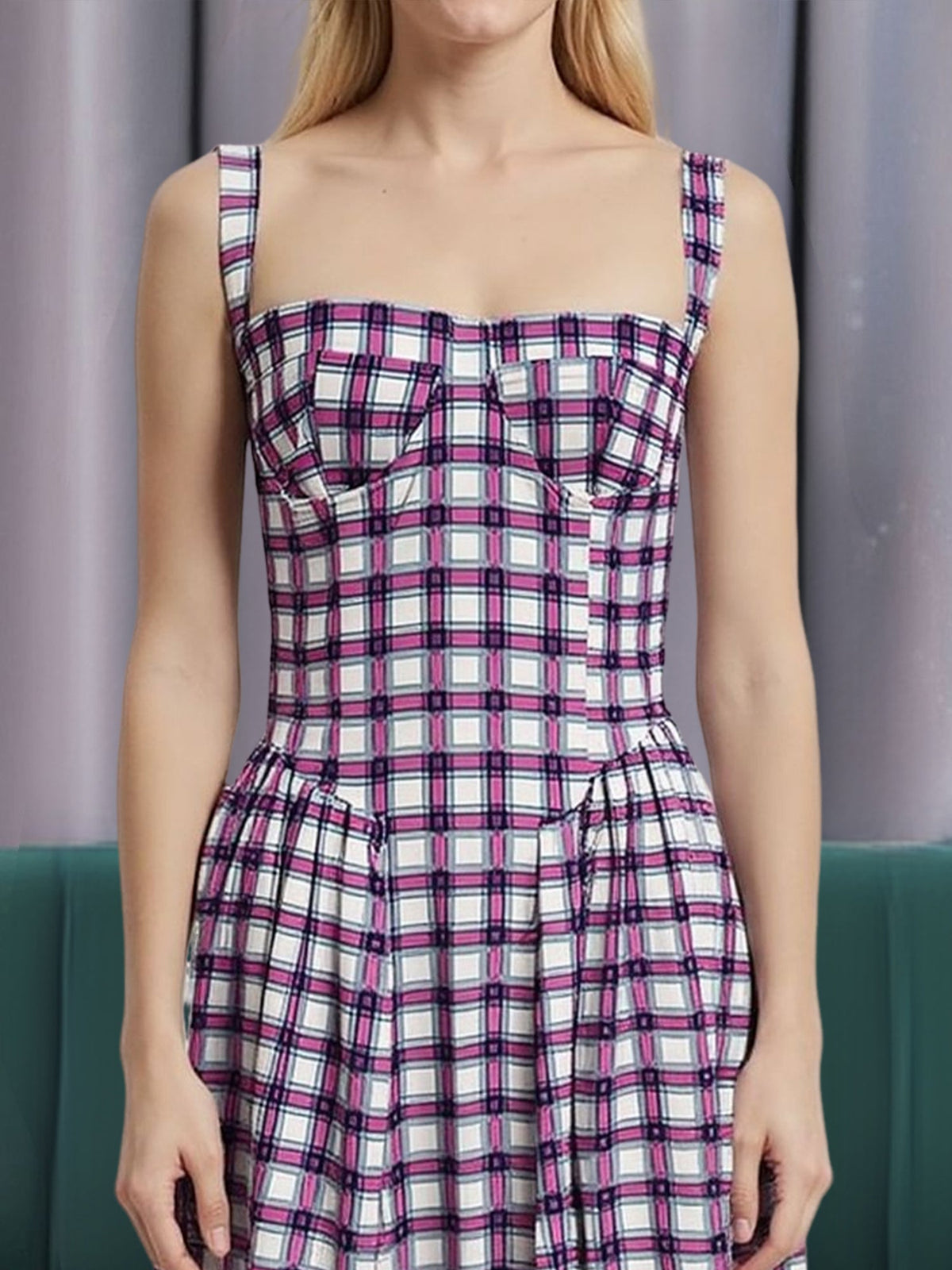 Vintage Spaghetti Strap Floral/Plaid Swing Dress