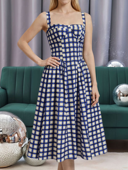 Vintage Spaghetti Strap Floral/Plaid Swing Dress