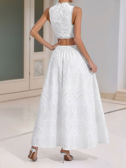 2 Pieces Sleeveless Eyelet Cropped Top & Maxi Pockets Skirt Matching Set