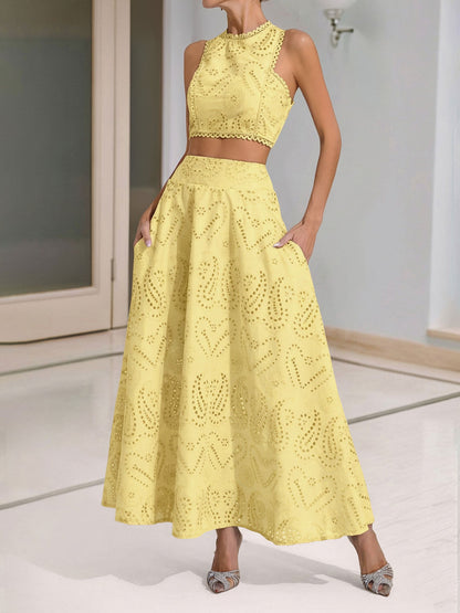 2 Pieces Sleeveless Eyelet Cropped Top & Maxi Pockets Skirt Matching Set