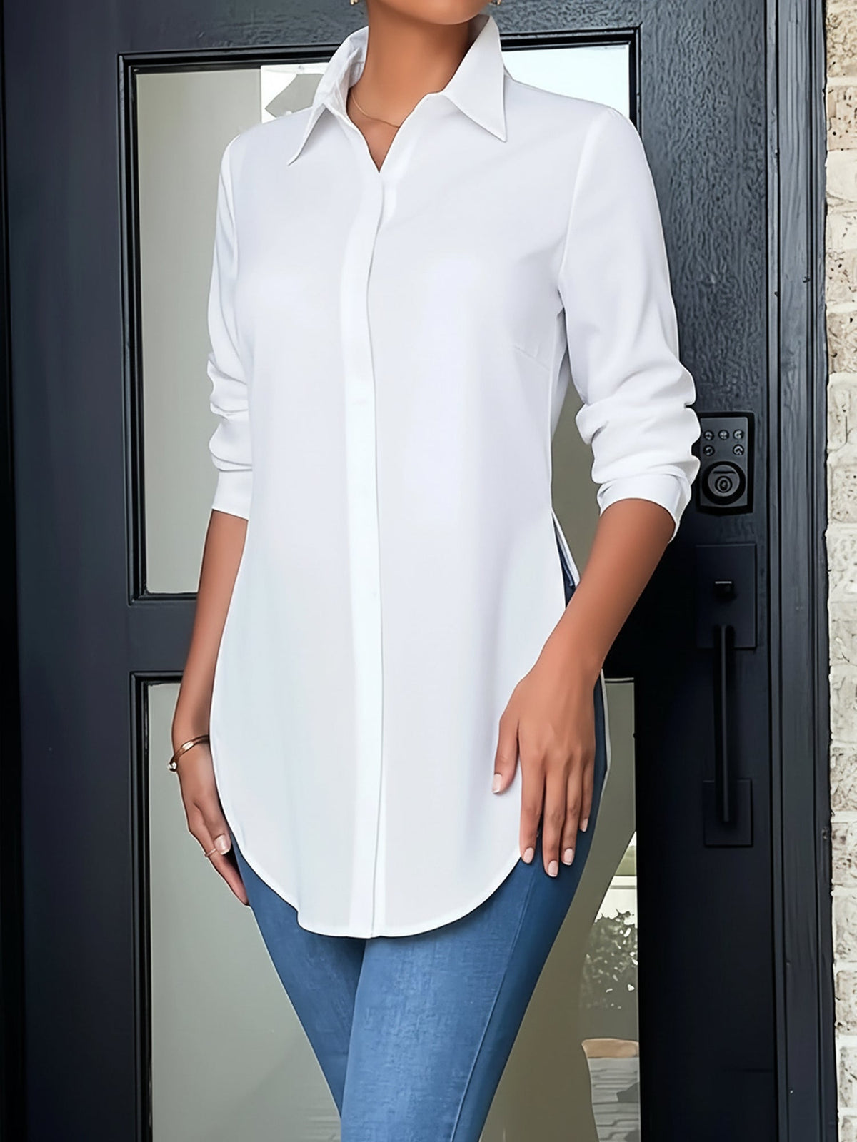 Collared Long Sleeves Solid Color Side Slit Shirt