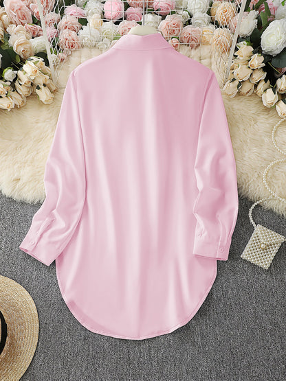 Collared Long Sleeves Solid Color Side Slit Shirt