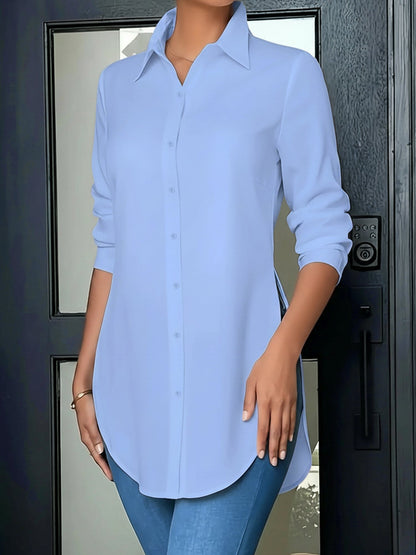 Collared Long Sleeves Solid Color Side Slit Shirt