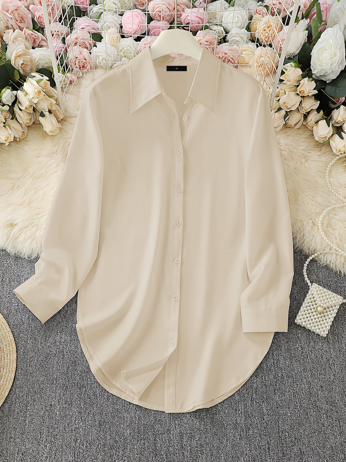 Collared Long Sleeves Solid Color Side Slit Shirt
