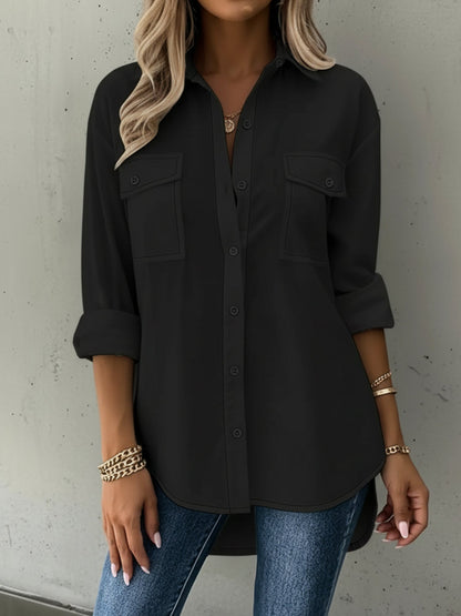 Versatile Long Sleeve Collared Pockets Side Slit Shirt