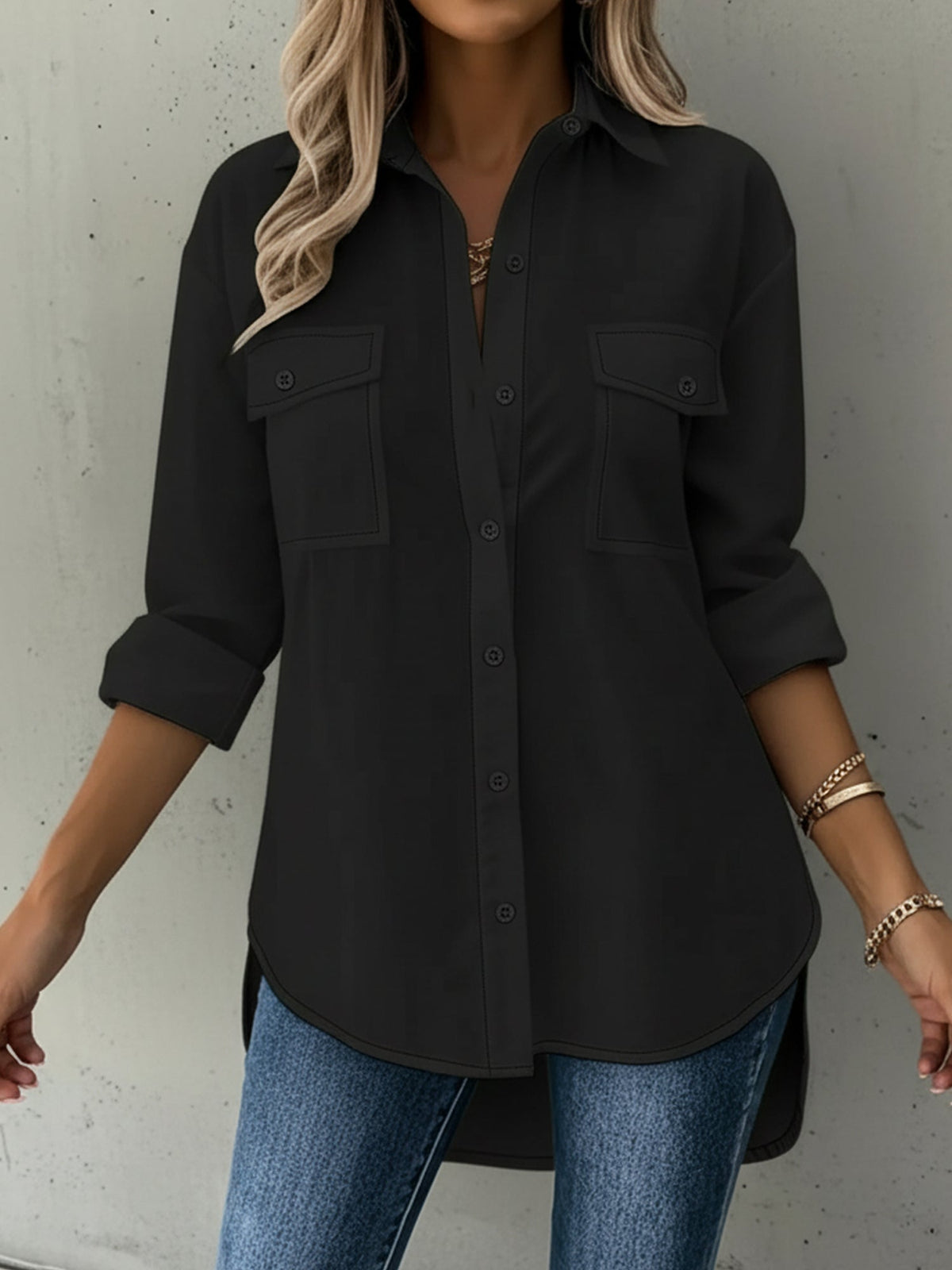 Versatile Long Sleeve Collared Pockets Side Slit Shirt