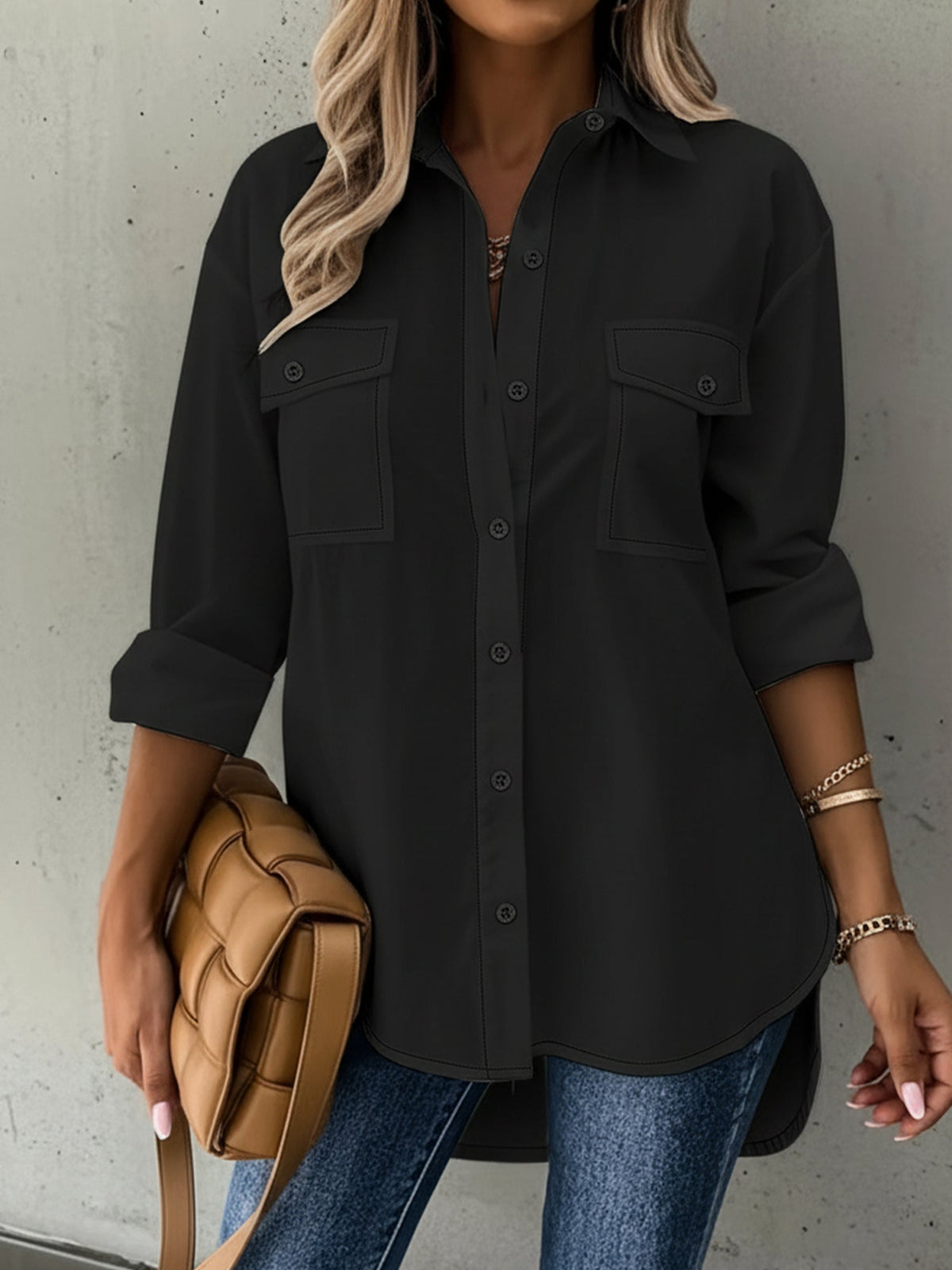 Versatile Long Sleeve Collared Pockets Side Slit Shirt