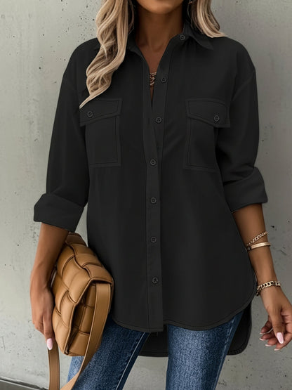 Versatile Long Sleeve Collared Pockets Side Slit Shirt