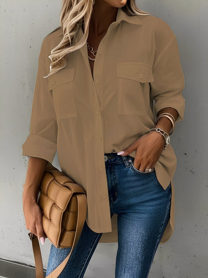 Versatile Long Sleeve Collared Pockets Side Slit Shirt