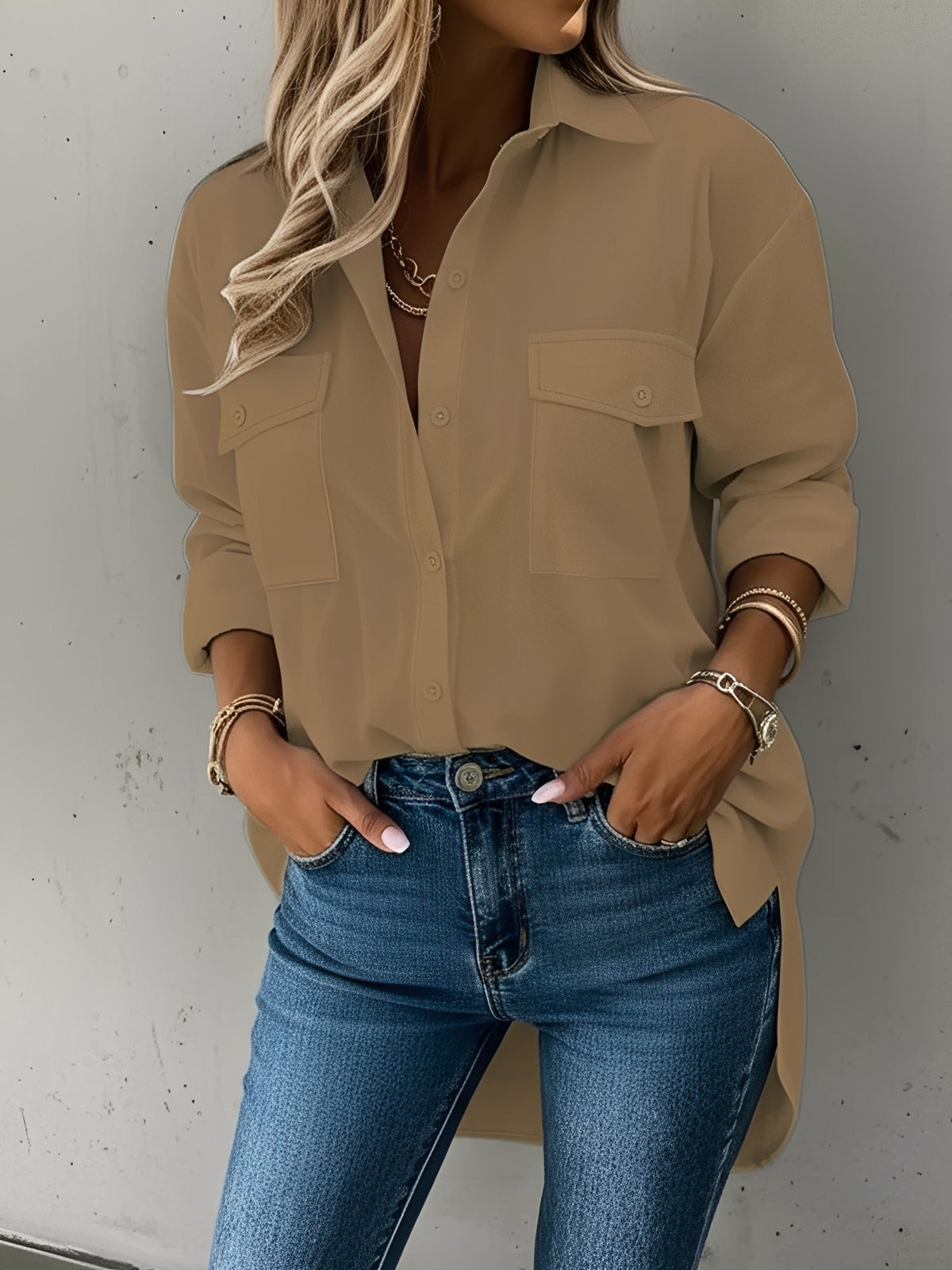 Versatile Long Sleeve Collared Pockets Side Slit Shirt