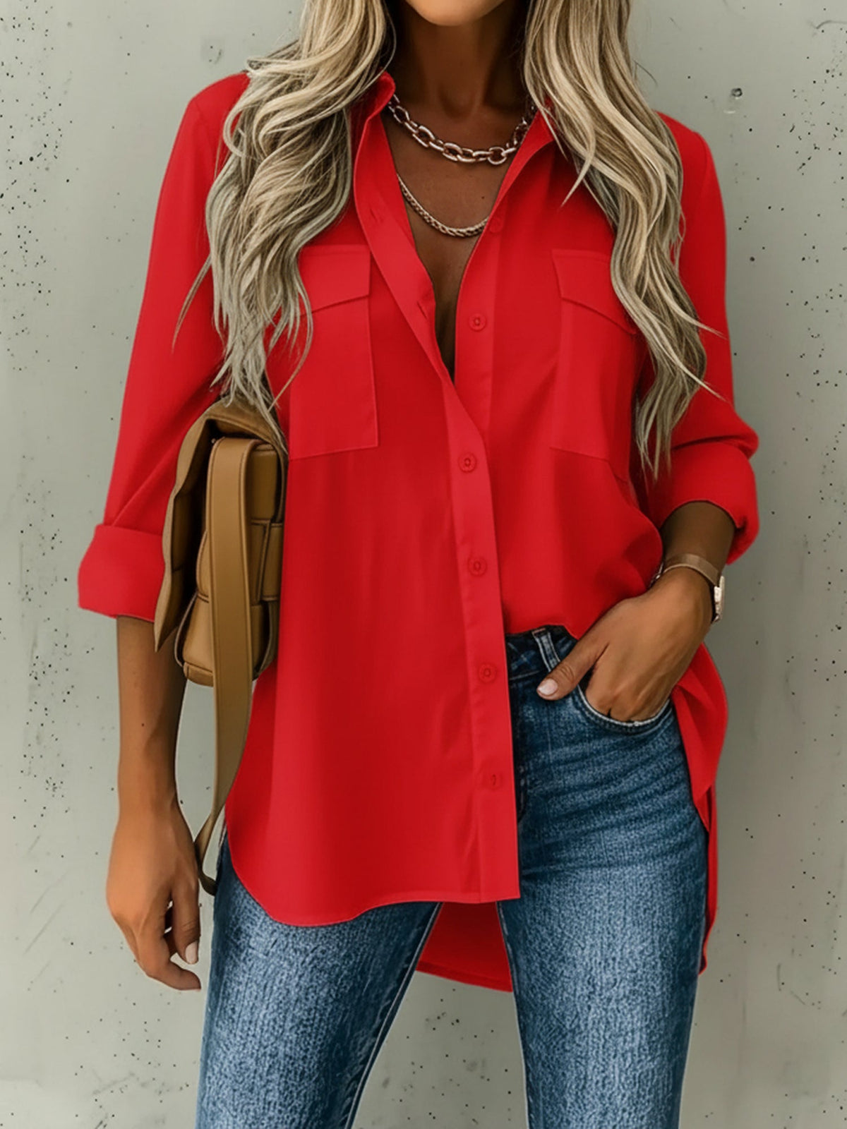 Versatile Long Sleeve Collared Pockets Side Slit Shirt