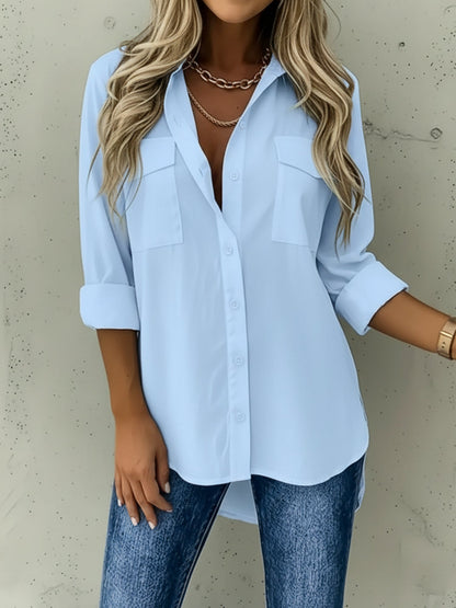 Versatile Long Sleeve Collared Pockets Side Slit Shirt