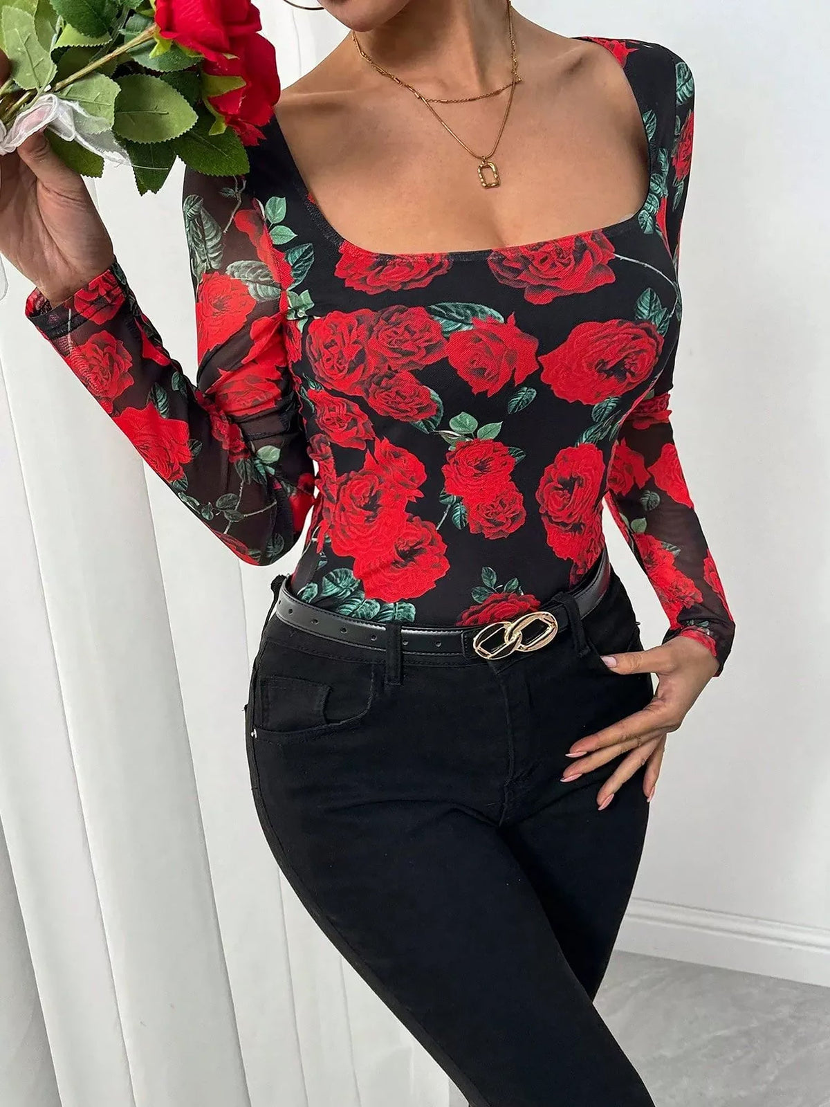 Floral Print Mesh U Neck Long Sleeves Blouse