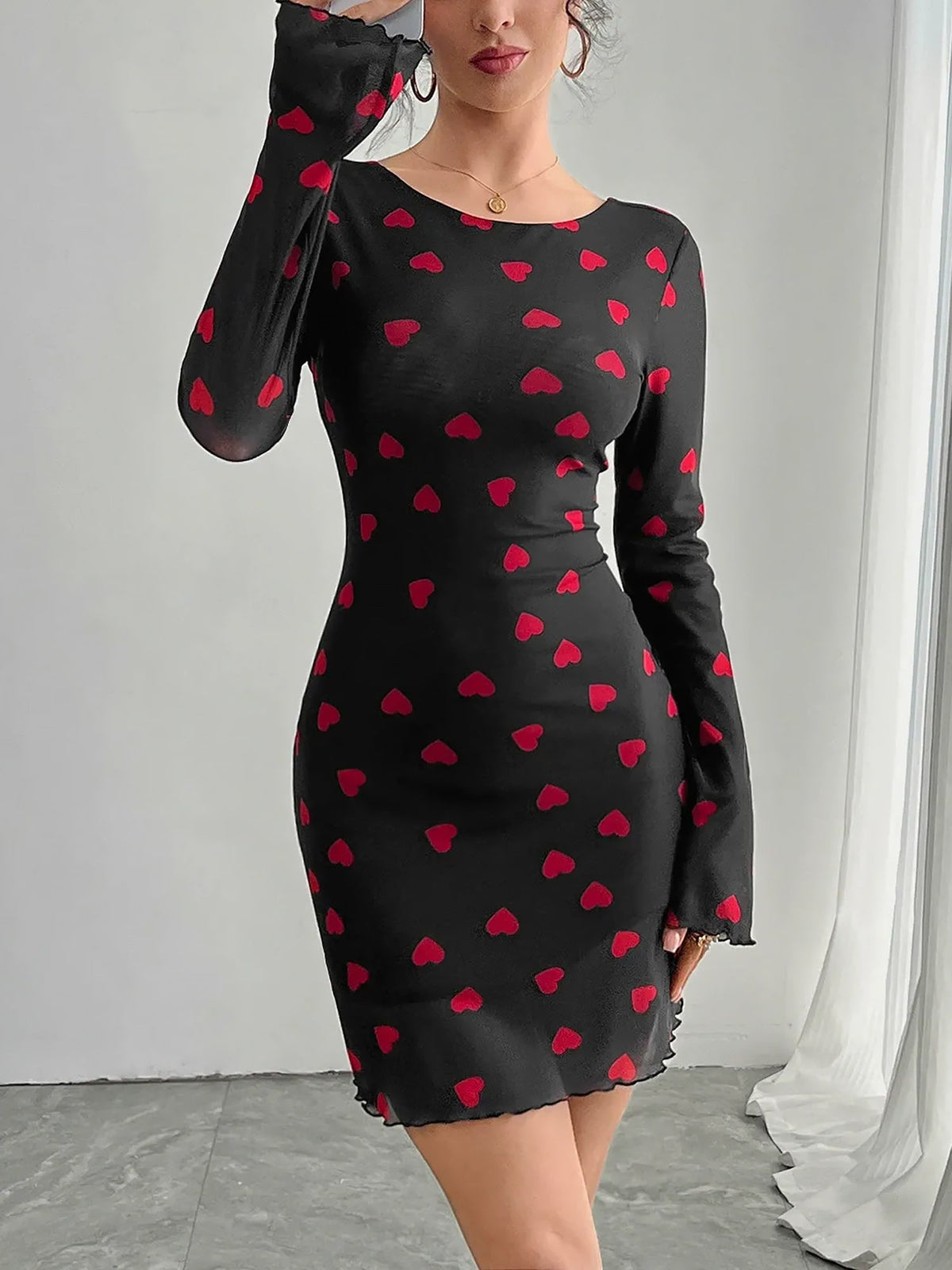 Heart Print Flared Sleeve Backless Mesh Bodycon Dress