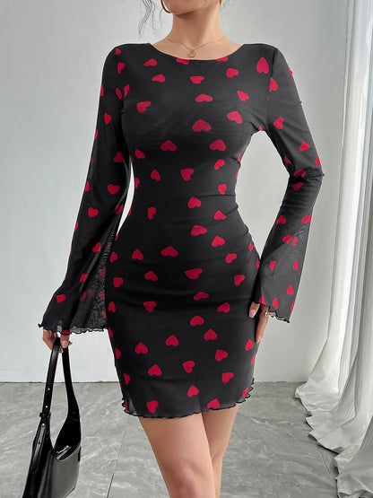 Heart Print Flared Sleeve Backless Mesh Bodycon Dress