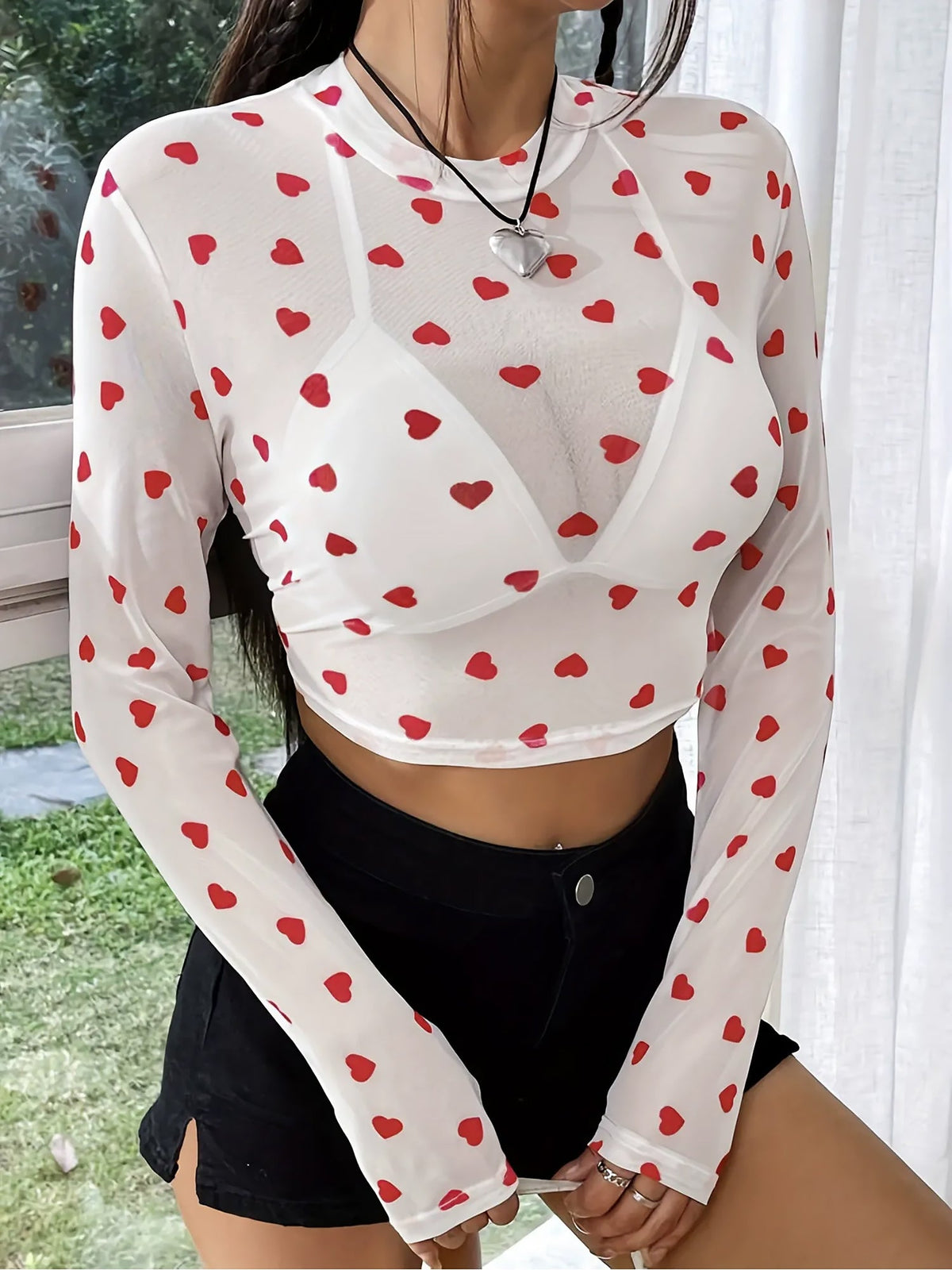 Mesh Heart Pattern Crew Neck Cropped Top