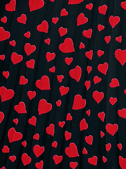 Heart Print Round Neck Pleated A-Line Midi Dress