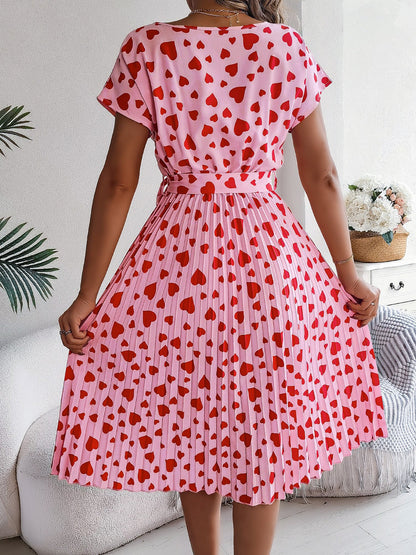 Heart Print Round Neck Pleated A-Line Midi Dress