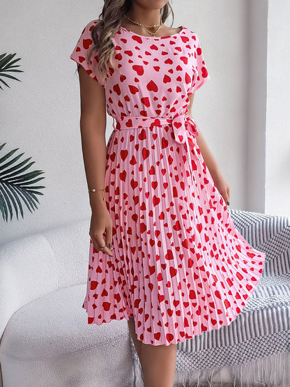 Heart Print Round Neck Pleated A-Line Midi Dress