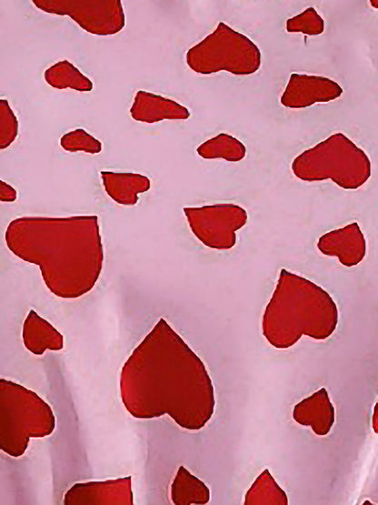 Heart Print Round Neck Pleated A-Line Midi Dress