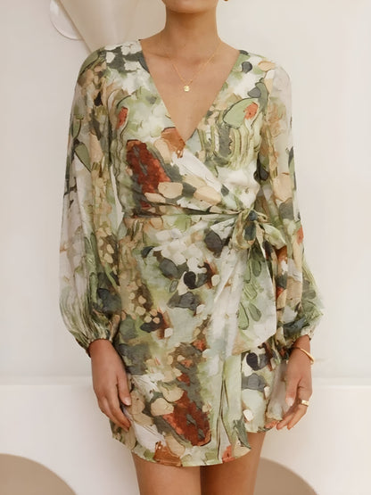 V Neck Puff Sleeve Printed Casual Mini Wrap Dress