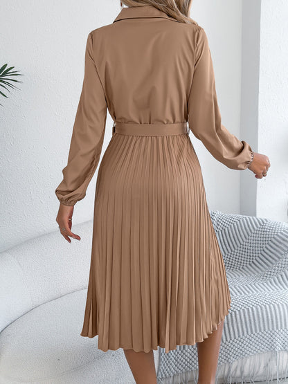 Collared Long Sleeve Belted Pleated Midi Shirt Dress