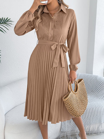 Collared Long Sleeve Belted Pleated Midi Shirt Dress
