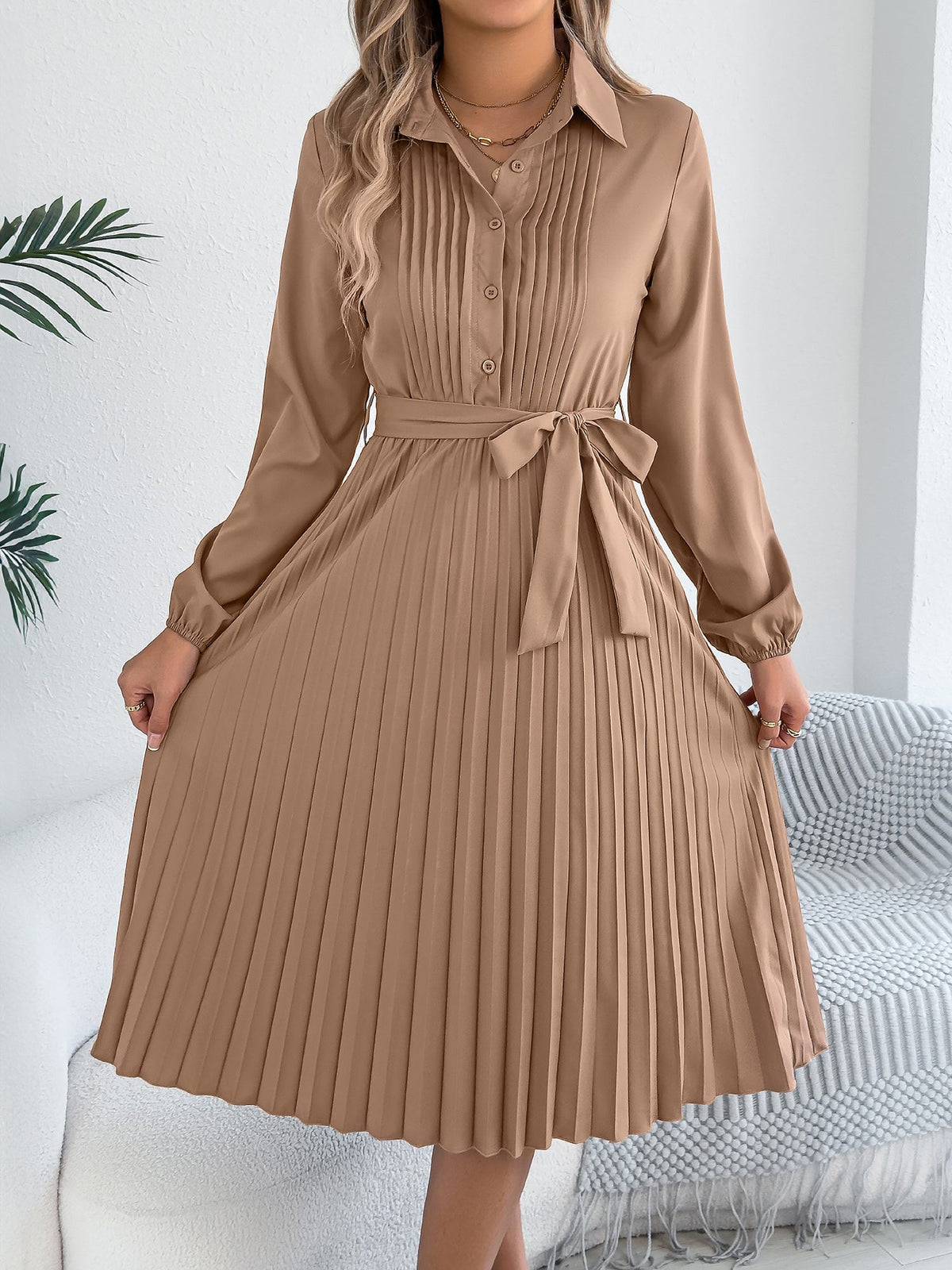 Collared Long Sleeve Belted Pleated Midi Shirt Dress