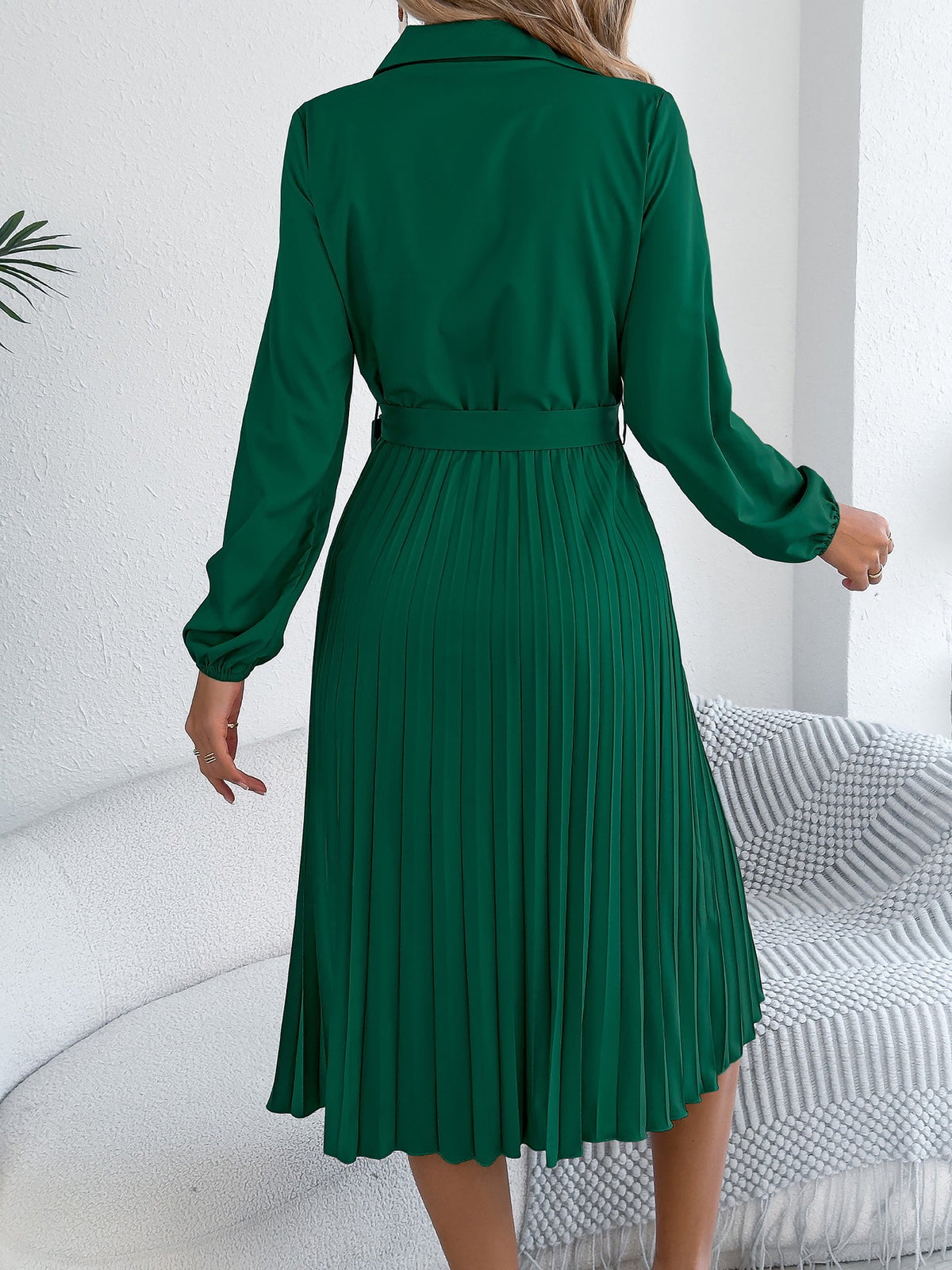 Collared Long Sleeve Belted Pleated Midi Shirt Dress
