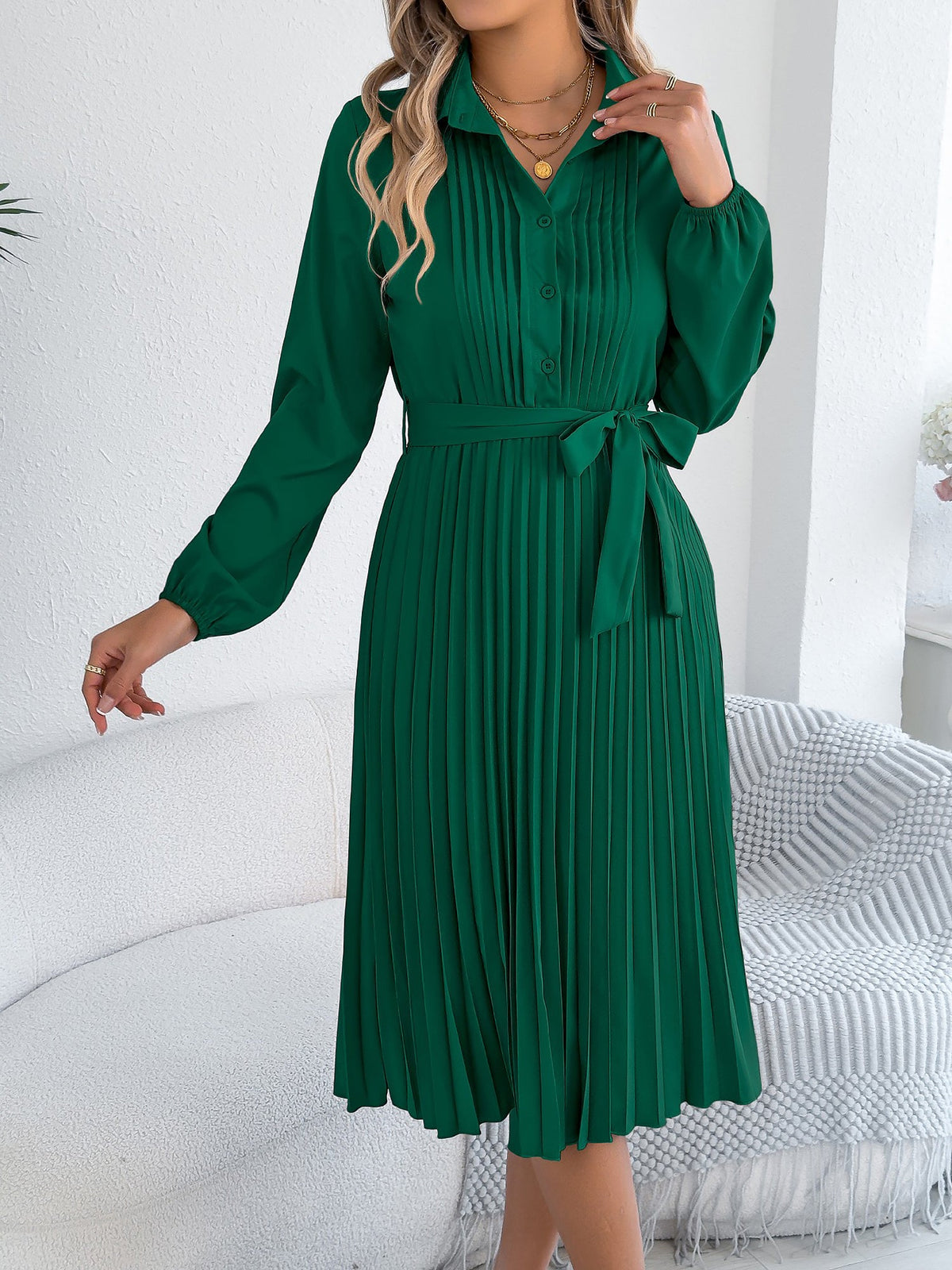 Collared Long Sleeve Belted Pleated Midi Shirt Dress
