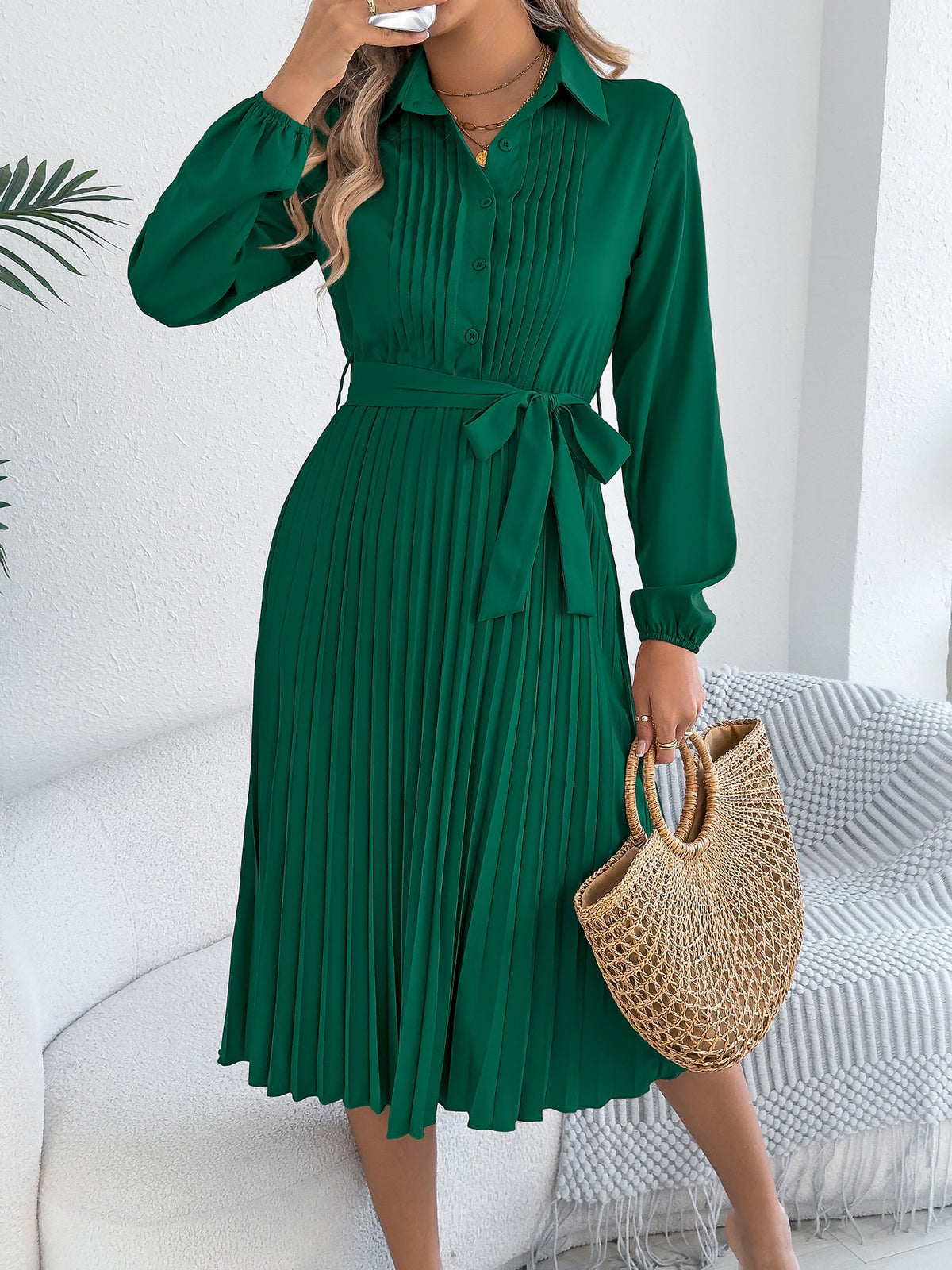 Collared Long Sleeve Belted Pleated Midi Shirt Dress