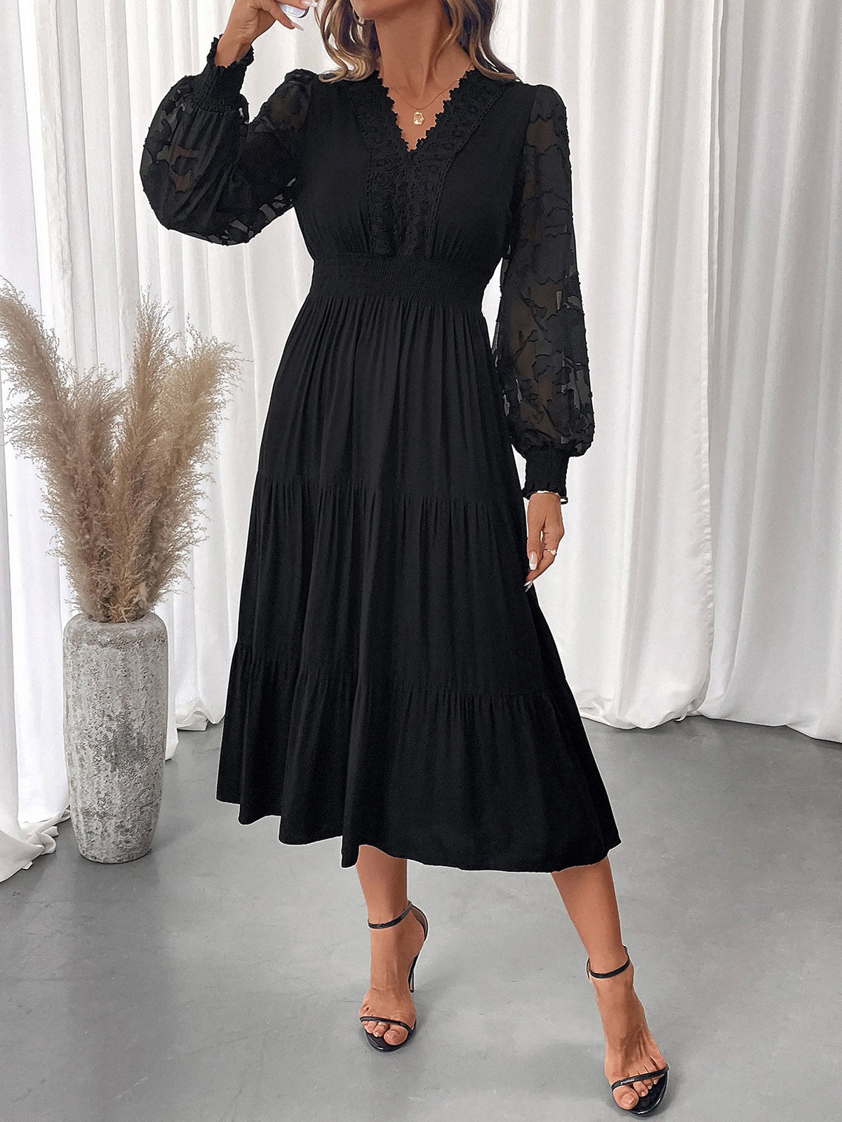 Lace V Neck Puff Sleeves Tiered Midi Dress